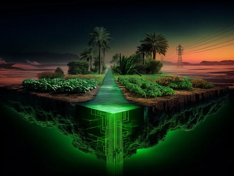 A tree shaped like a circuit board brain growing from desert sand, symbolizing intelligent infrastructure