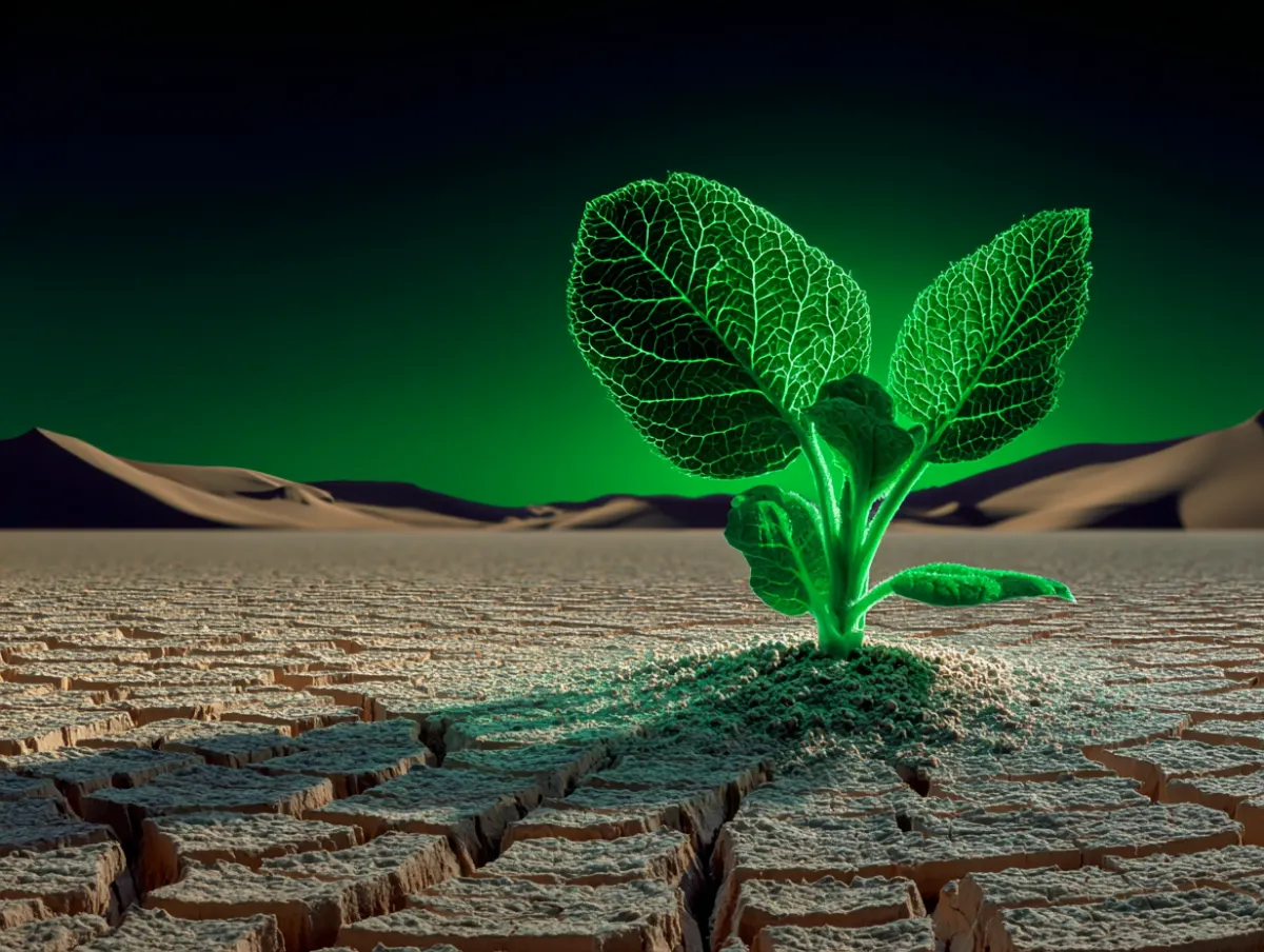 A glowing green seedling emerging from cracked desert earth, symbolizing technology transforming arid land